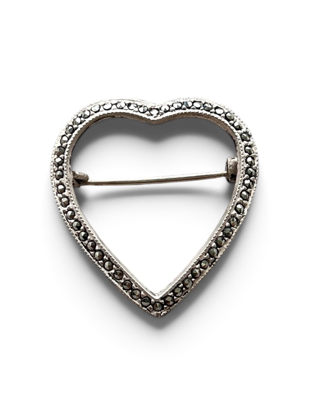 Vintage Sterling Silver Marcasite Heart Brooch